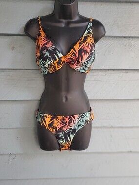 Black Tropical Print Bikini Set - Women's Swim